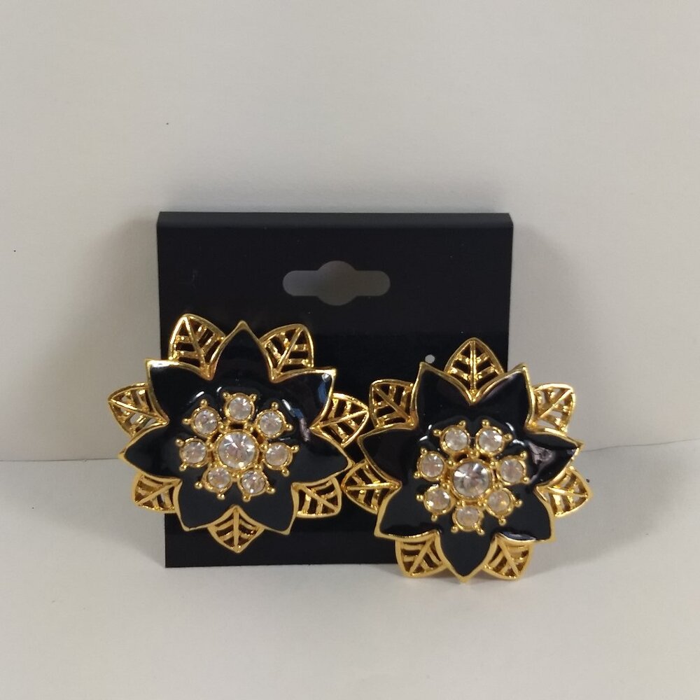 Gold Tone Black Enamel Rhinestone Statement Earrings Pierced Studs Preppy Glam